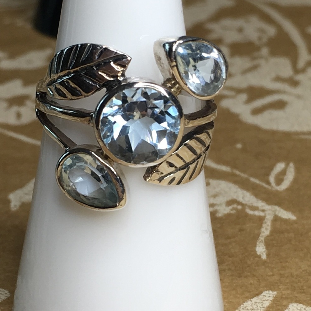SALE Sterling Silver Leaf Design Ring with Blue Topaz Stones